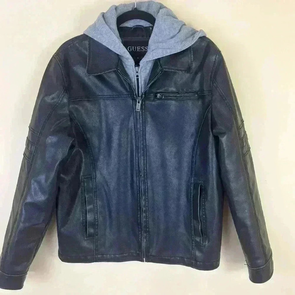 Guess Other - Guess Men Black Faux Leather Double Zip Hooded Coat Moto Bomber Jacket Size S